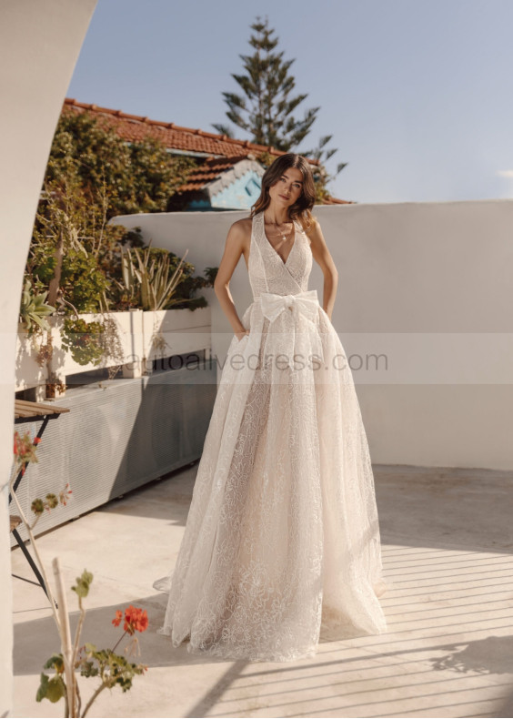 Halter Neck Ivory Lace Tulle Glitter Wedding Dress Halter Neck Ivory Lace Tulle Glitter Wedding Dress